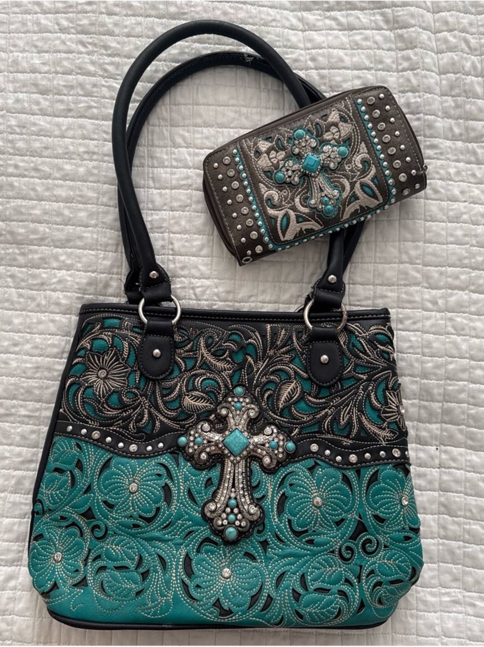 teal grey cross shoulder bag + wallet set w studded rhinestones + ornate embroid